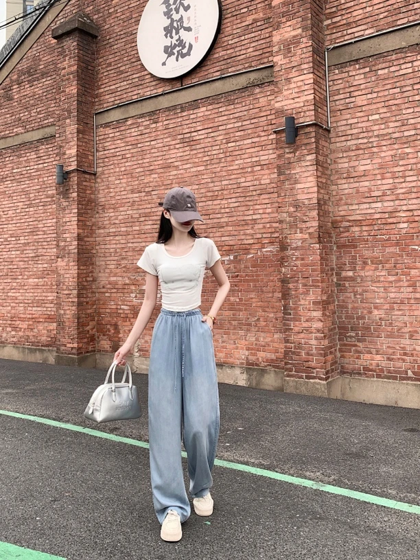 2025莱赛尔100%时尚高腰直筒长裤宽松垂感薄款阔腿天丝牛仔女裤