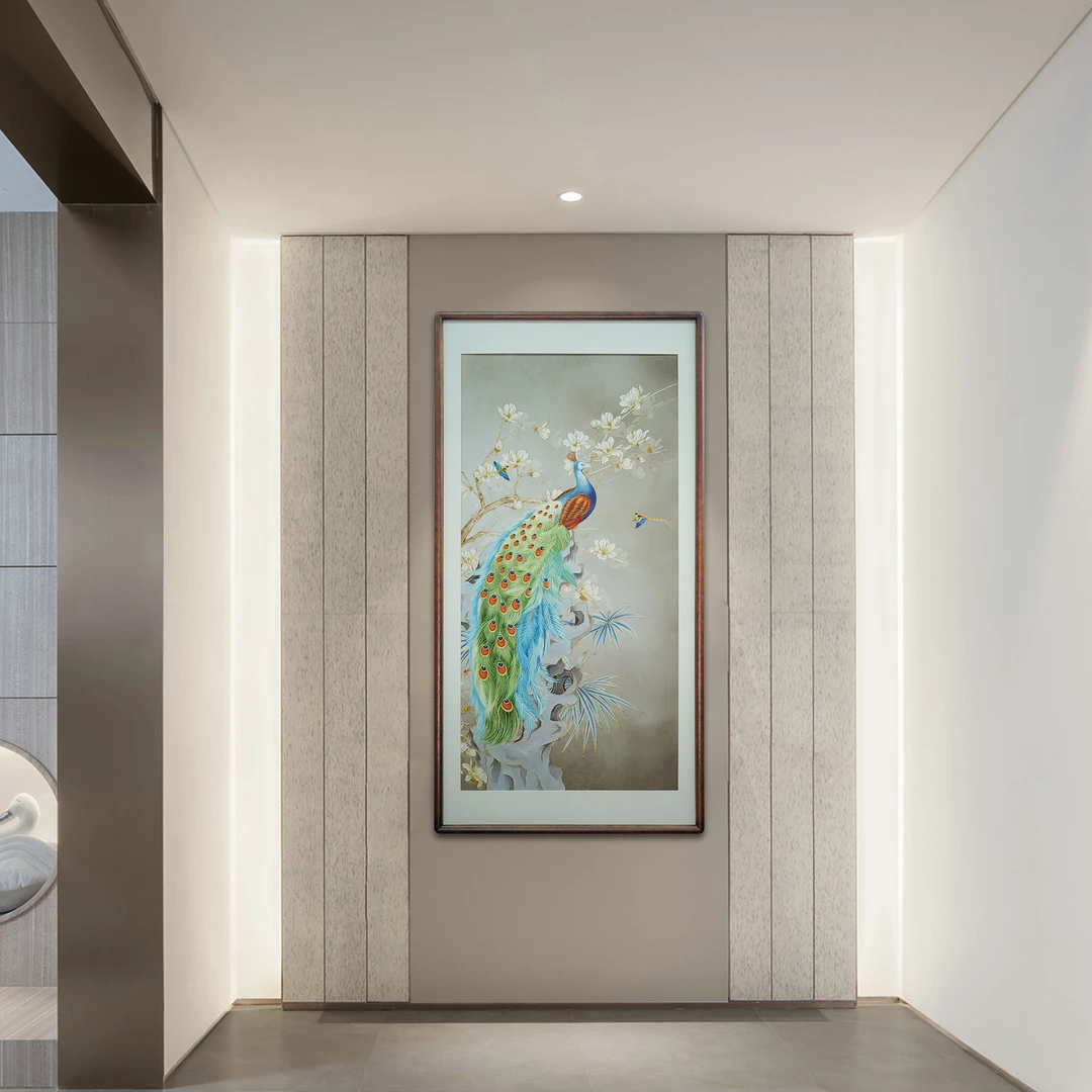 致绘描金《孔雀翎》客厅茶室书房挂画新中式轻奢高档高级装饰画