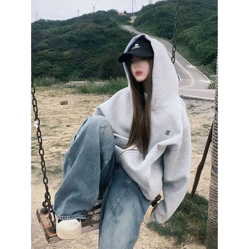 格子拼接开衫卫衣外套女秋冬加绒美式国潮高街宽松连帽拉链上衣