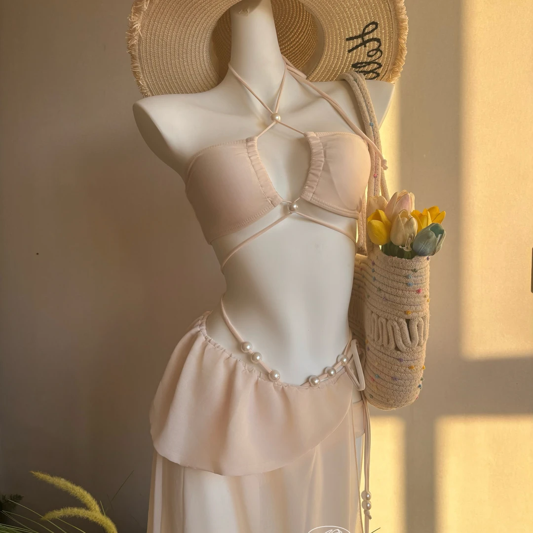 26新款纯欲性感沙滩比基尼泳装绑带长裙海岛度假泡温泉三件套泳衣