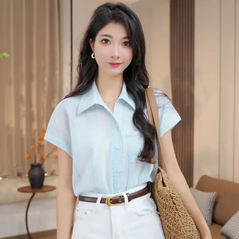法式蓝色短袖衬衫女2025夏季新款设计感宽松休闲通勤衬衣小众上衣