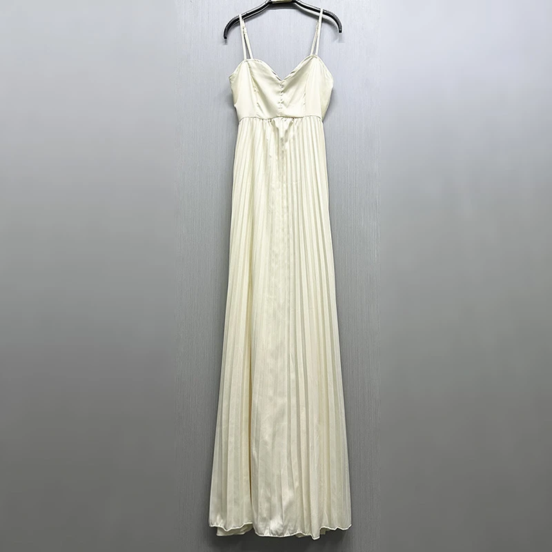 外贸原单175高个子新款夏季女士优雅气质百搭光泽感百褶吊带长裙