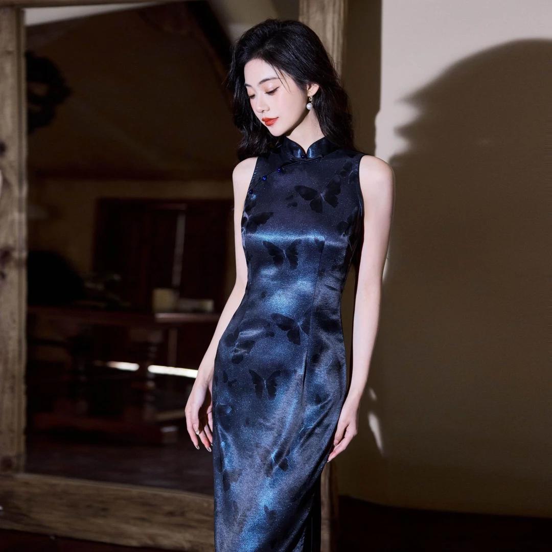 苏州手推波复古旗袍显瘦中国风优雅新款新中式无袖旗袍流金缎印花