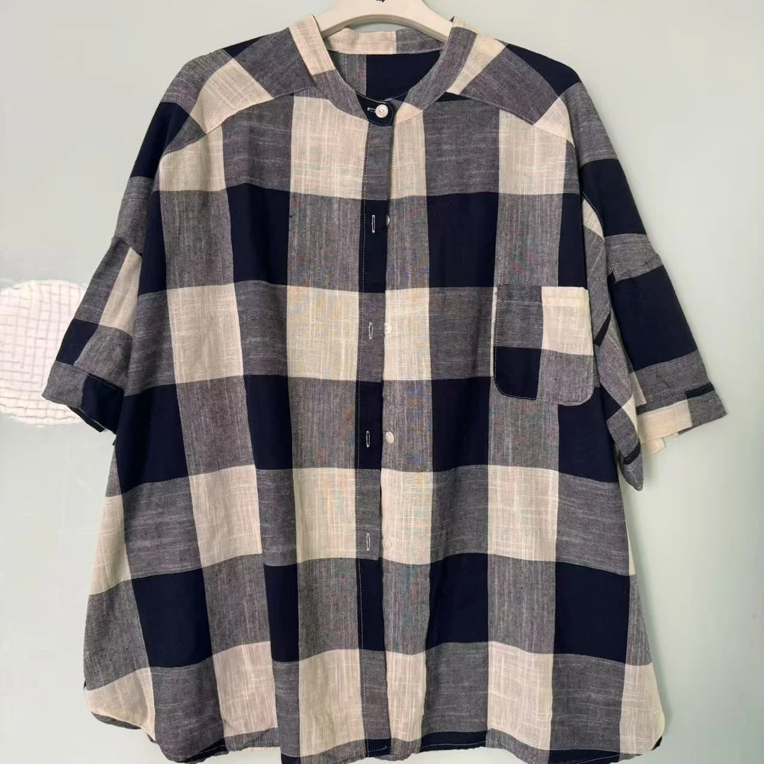 【沐木流浪记】蓝白格圆领单兜衬衫Z