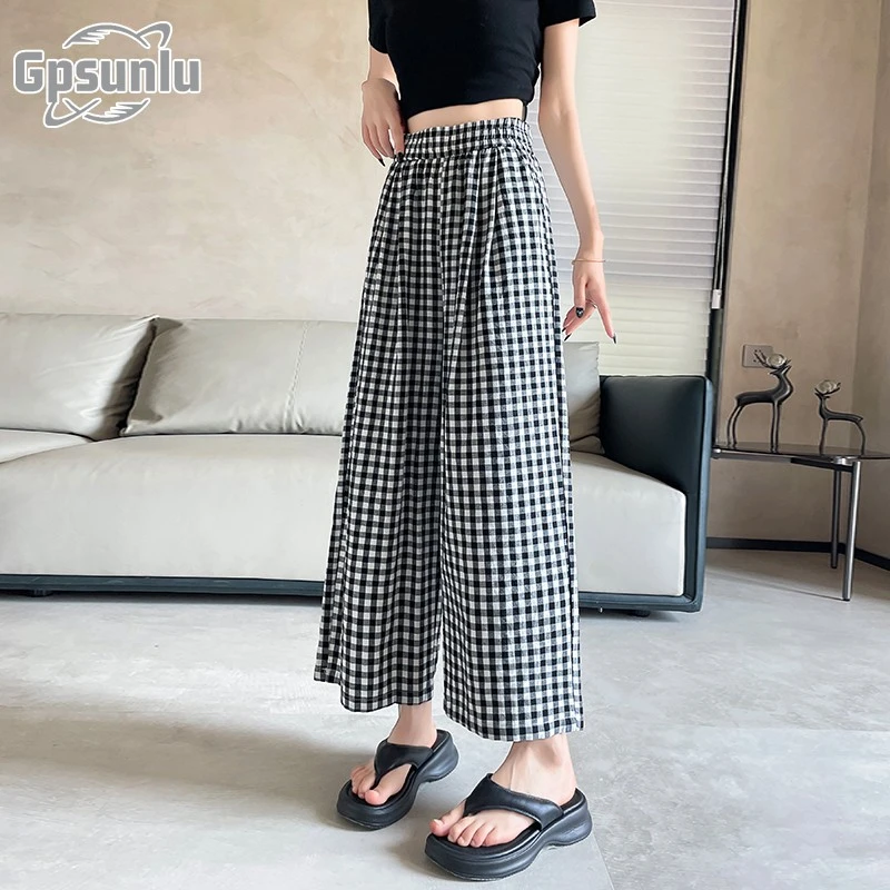 gpsunlu夏日轻薄裤子百搭格纹九分裤女小个子女花苞格纹宽松裤子