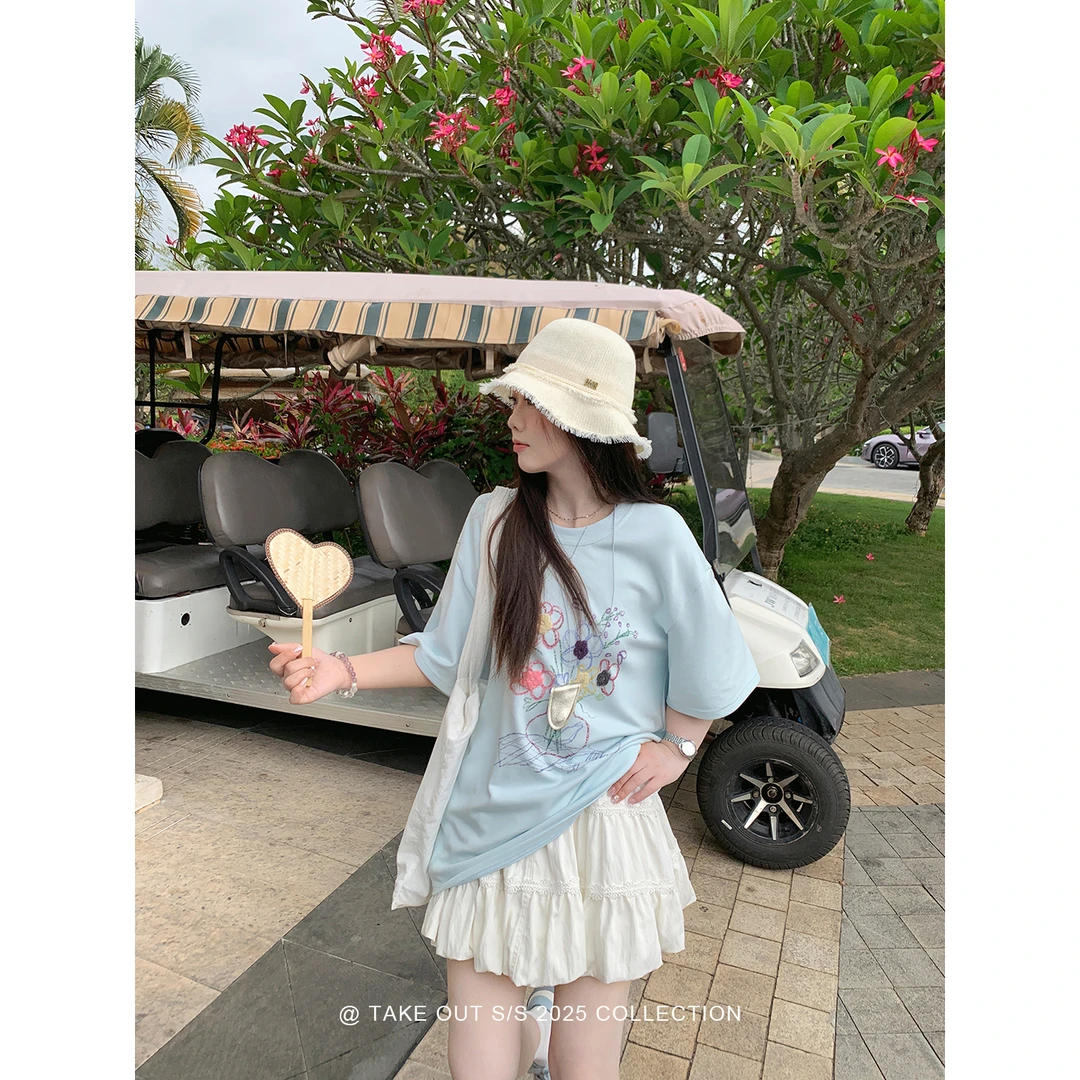 外卖到了「蜡笔T」刺绣印花短袖圆领T恤女休闲百搭上衣WM5EST10