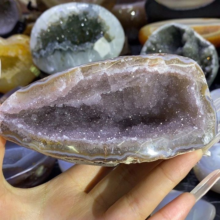 未镶嵌珠宝半成品水晶粉紫繁星点点洞