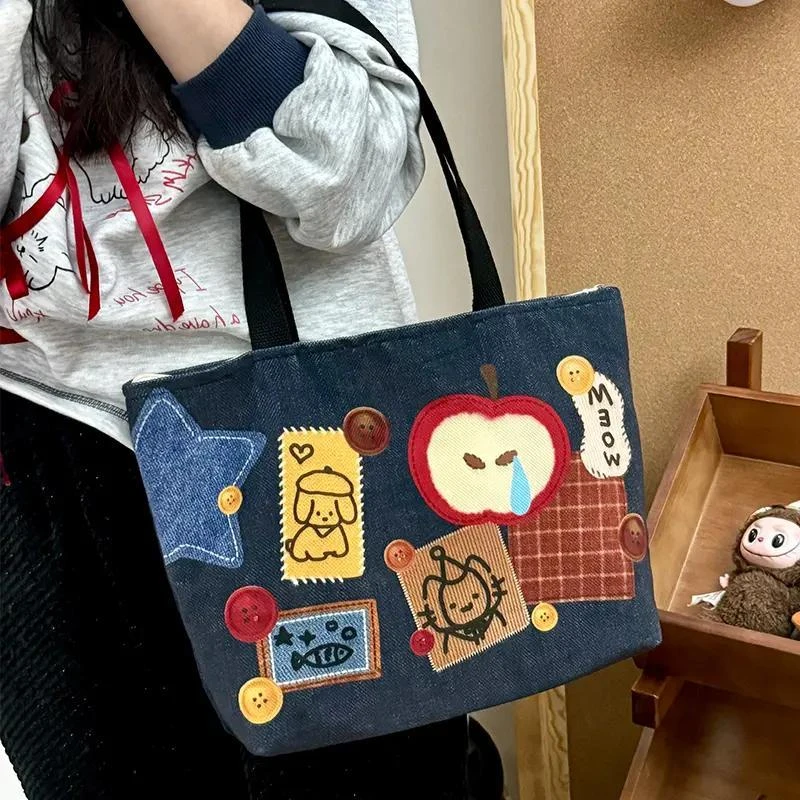 藏青牛仔色苹果帆布包ins大学生上课通勤上班专用大容量手提包