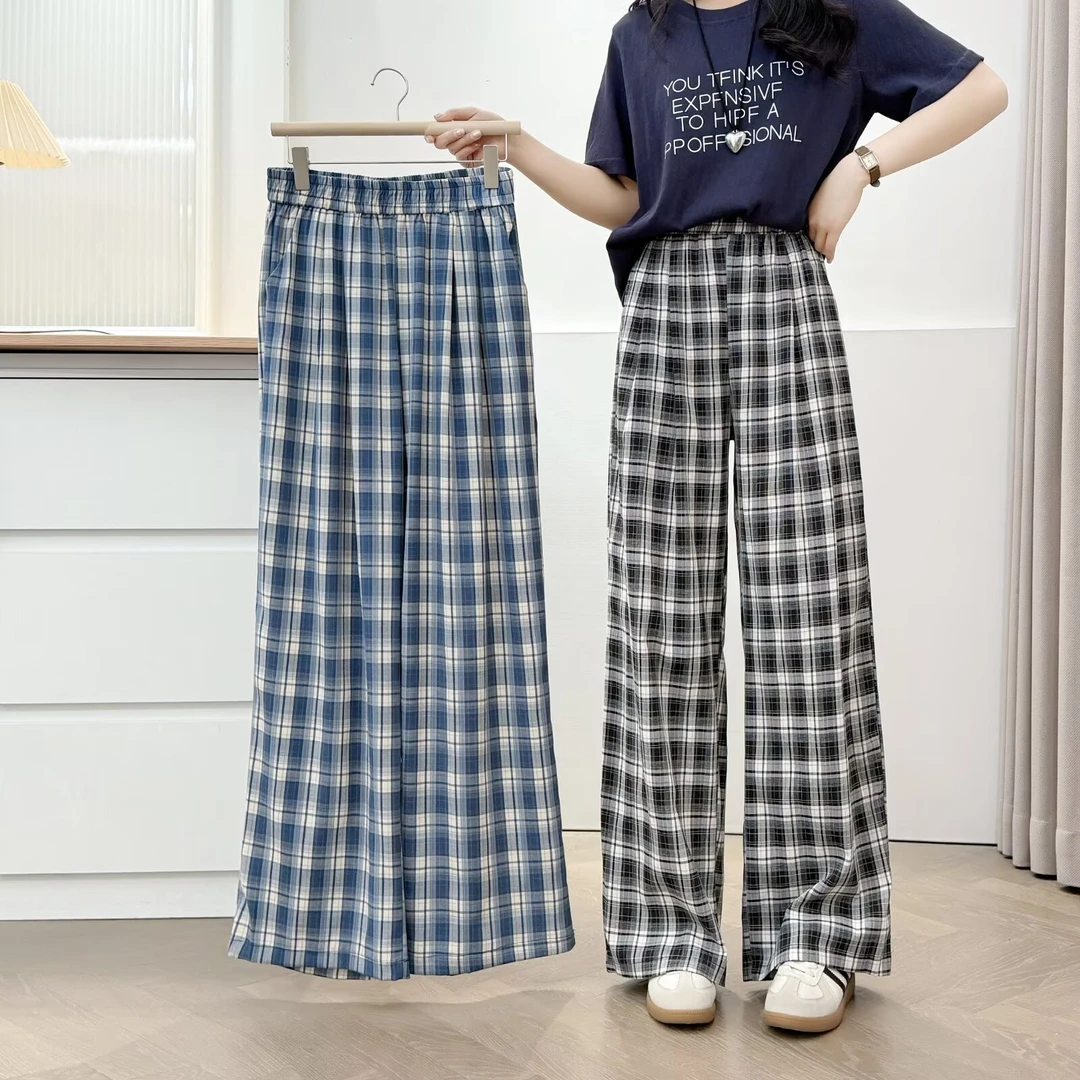 大码女装夏季时尚薄款休闲阔腿裤女格子裤显瘦高腰长裤