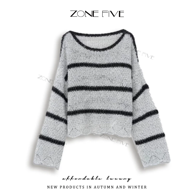 【zonefive】2025秋季新款百搭条纹针织衫毛衣宽松韩版休闲长袖上衣