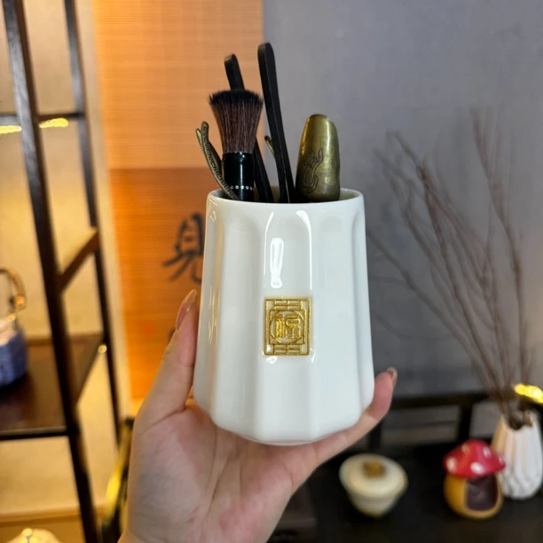 白瓷茶道六君子茶桌配件泡茶工具茶夹养壶笔陶瓷茶道桶套组茶具