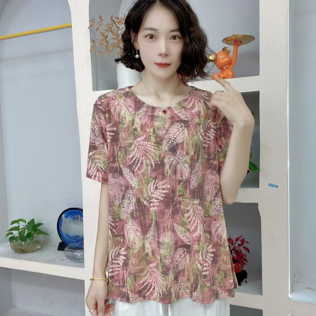 轻薄透气圆领印花短袖上衣2025新款时尚大码中老年妈妈显瘦小衫66