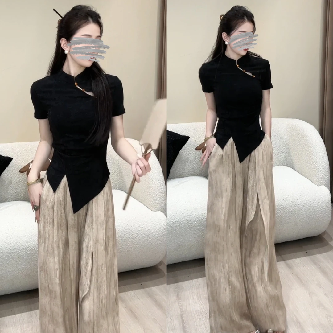 设计感新中式国风提花镂空盘扣上衣女+高级感小众垂感阔腿裤套装