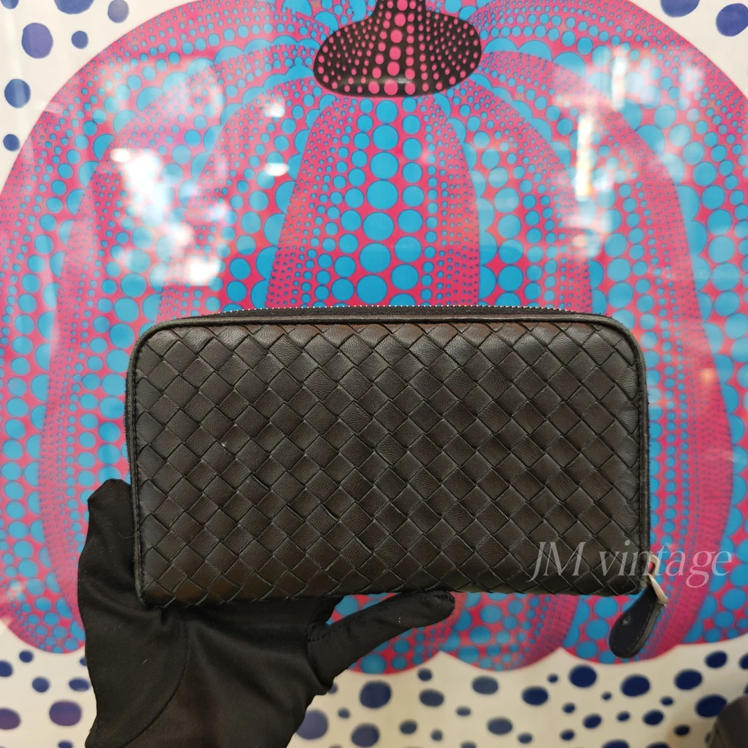 95新 BOTTEGA VENETA/葆蝶家 男士黑色编织拉链钱夹钱包 经典款