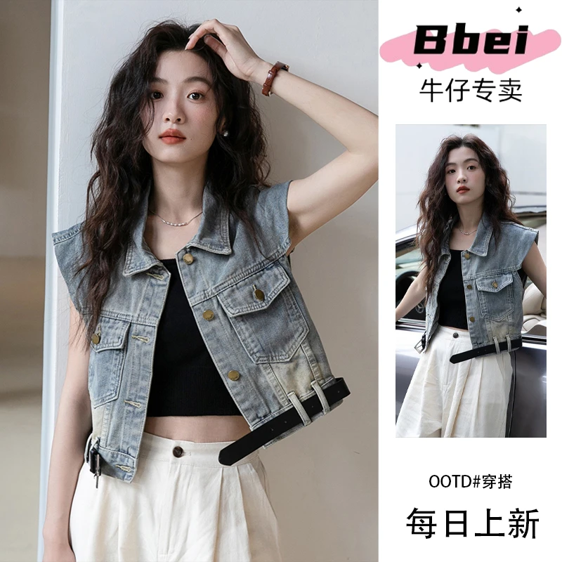 2025新款夏季美式牛仔无袖马甲短款上衣外套设计感牛仔马夹背心女