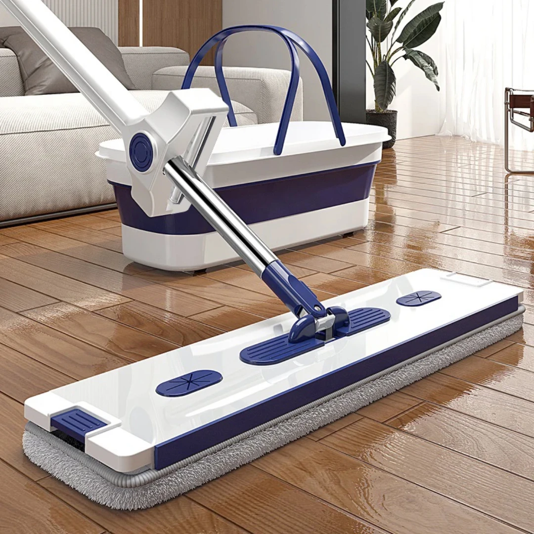 【拍一发9 共4布送折叠桶】45cm蓝色铝合金面板新款免手洗平板拖把