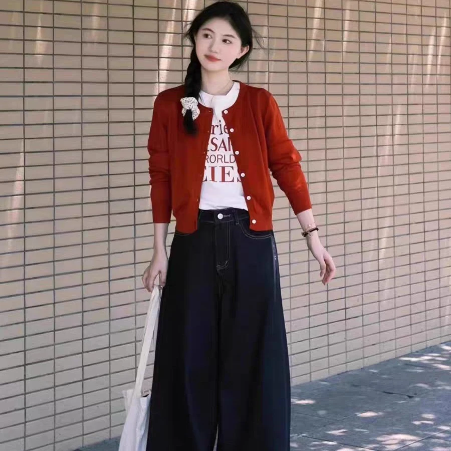 【莹莹推荐】韩版穿搭安哥拉红开衫短款毛衣女秋冬宽松慵懒风套装
