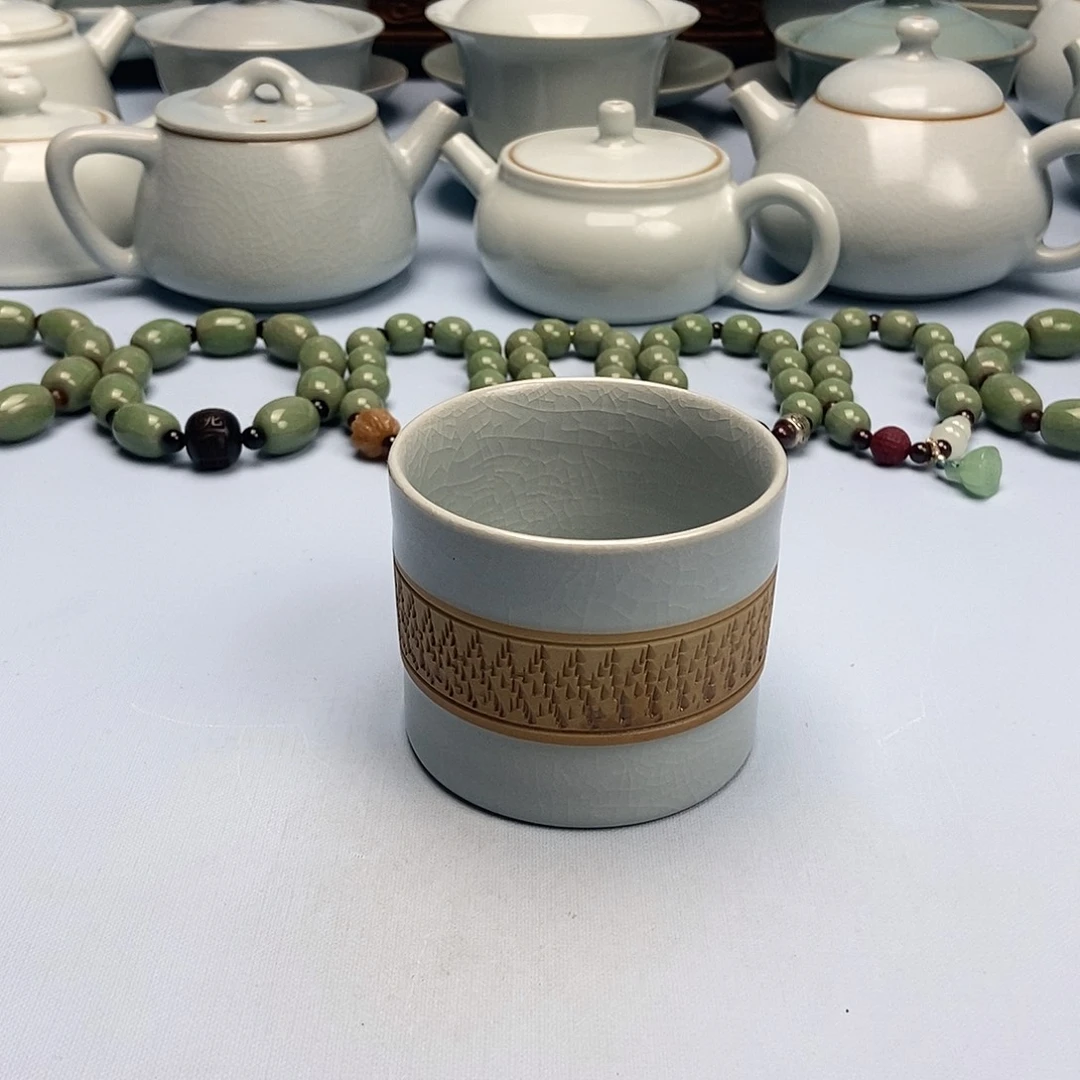 杯仿古月白釉腰缠万贯直桶杯原矿原釉原产地