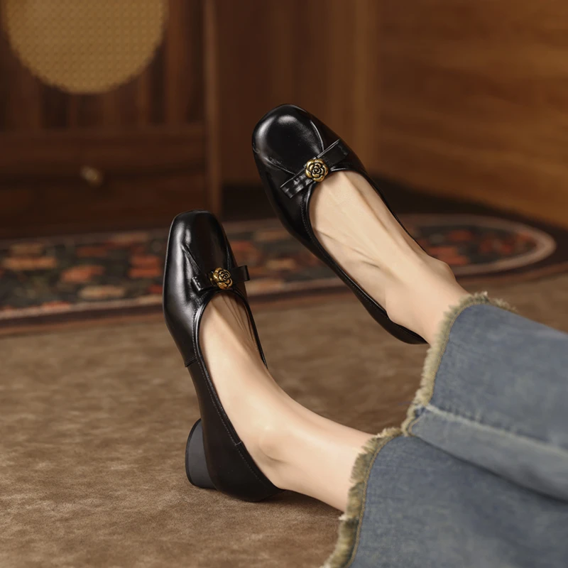 牛皮3.5公分/复古浅口小圆头单鞋女真皮蝴蝶结粗跟奶奶鞋女鞋子