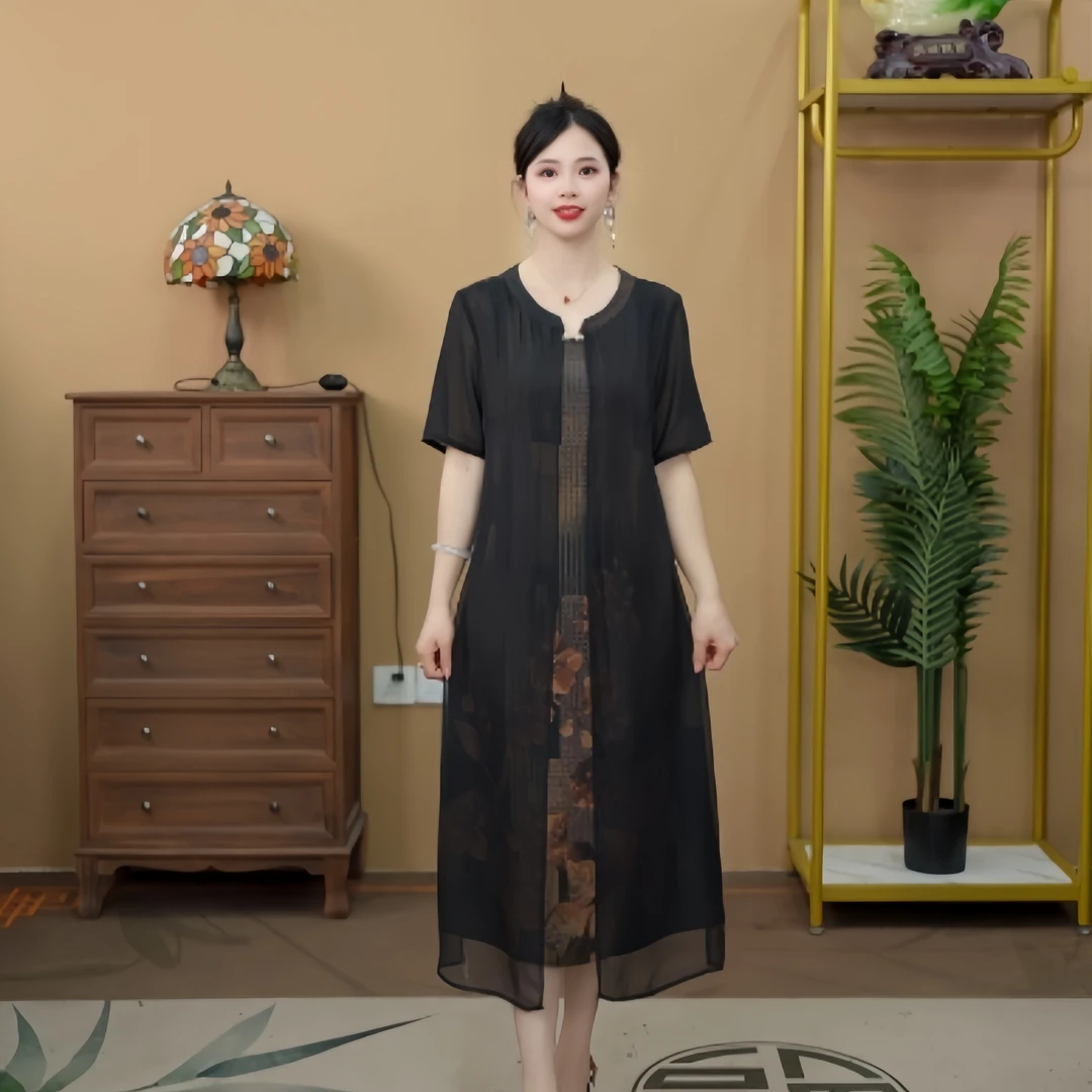 A28 新中式高级感假两件连衣裙气质胸针优雅大气女士裙子