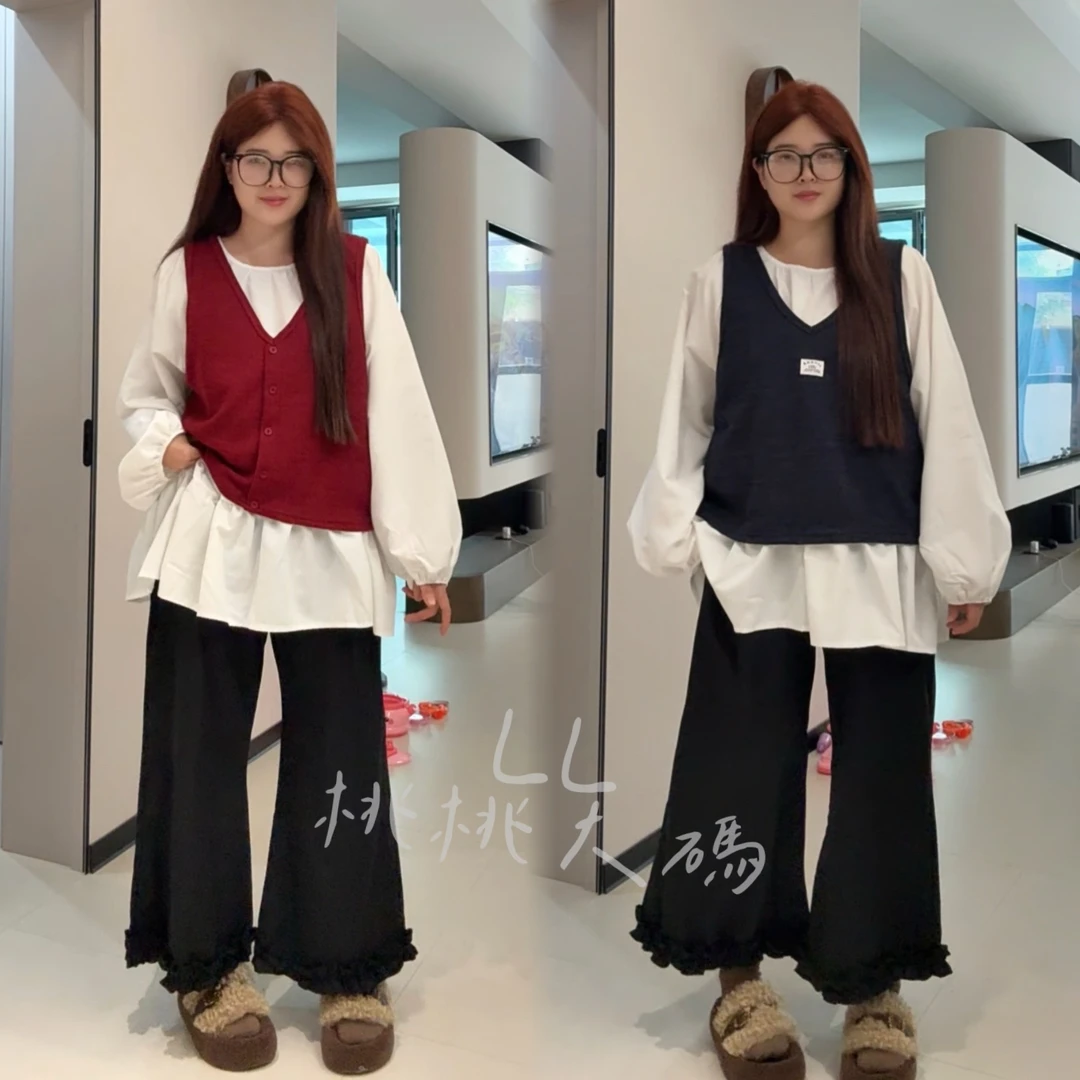 秋季新款大码韩系显瘦通勤衬衫荷花边阔腿裤马甲三件套