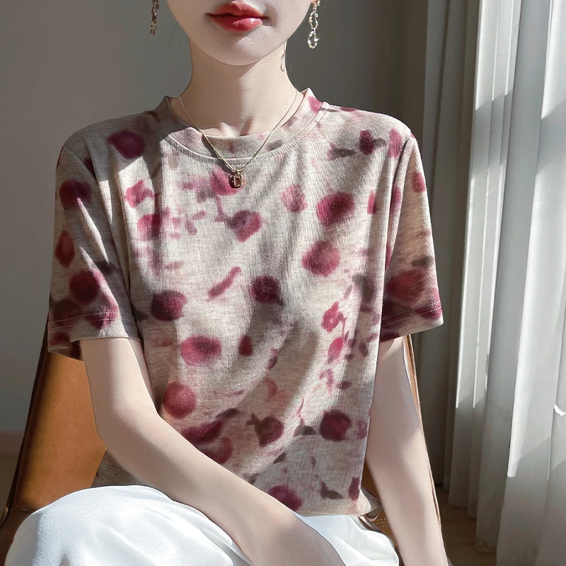 【现货宠粉】新款圆领短袖女宽松针织打底夏季莱赛尔T恤衫上衣扎染