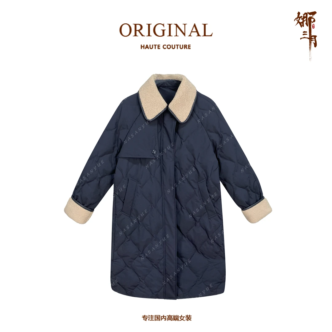 【90白鸭绒】简约宽松轻盈保暖羔毛领中长款羽绒服YR0065