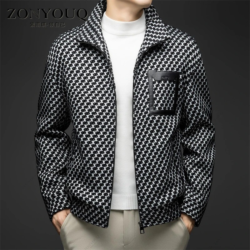 夹克外套男冬季绵羊皮拼接毛呢短款大衣羽绒服立领千鸟格时尚上衣