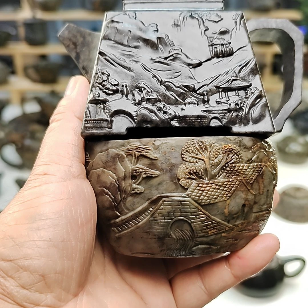 湖***材米粒玉黑金刚壶四方山水十绿豹随型茶杯