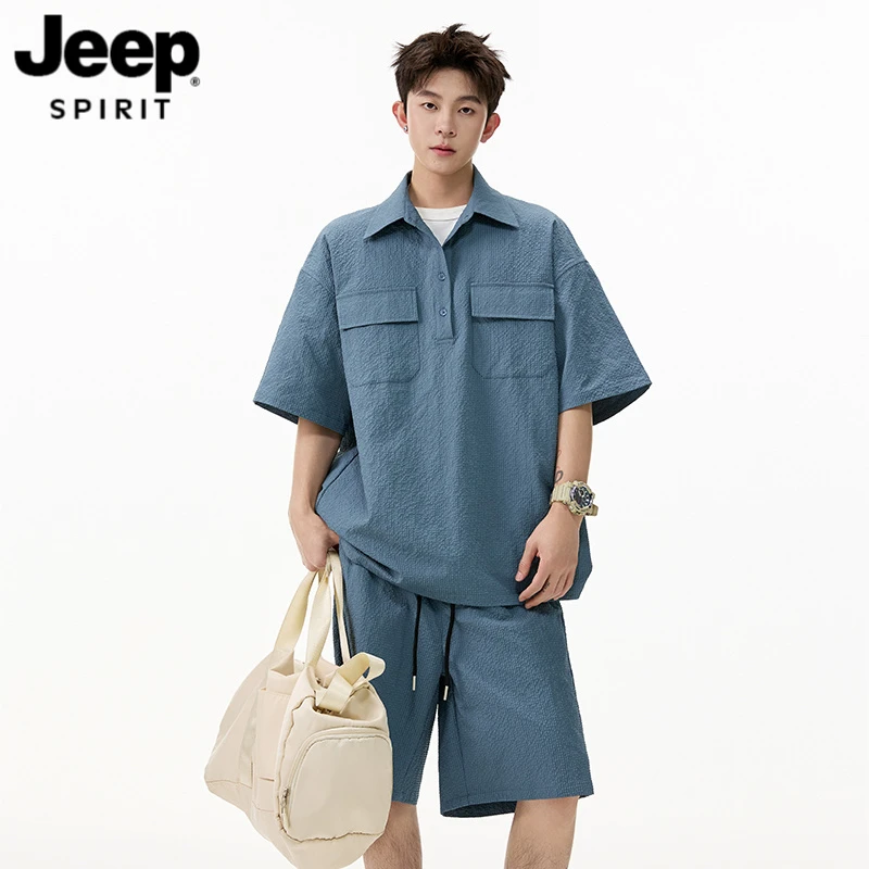 Jeep吉普夏季短袖衬衫套装男潮牌宽松休闲运动两件套短袖短裤套装