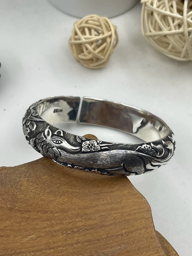 古丰 足银手镯 桃花九尾灵狐高工手镯纯手工立体浮点复古大气实心