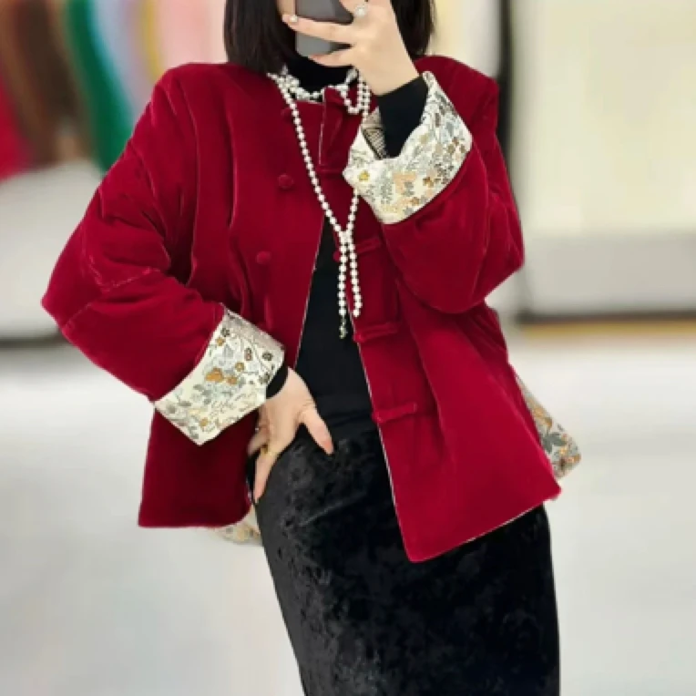 双面穿夹棉外套中式丝绒拼接圆领显瘦棉服冬季加厚