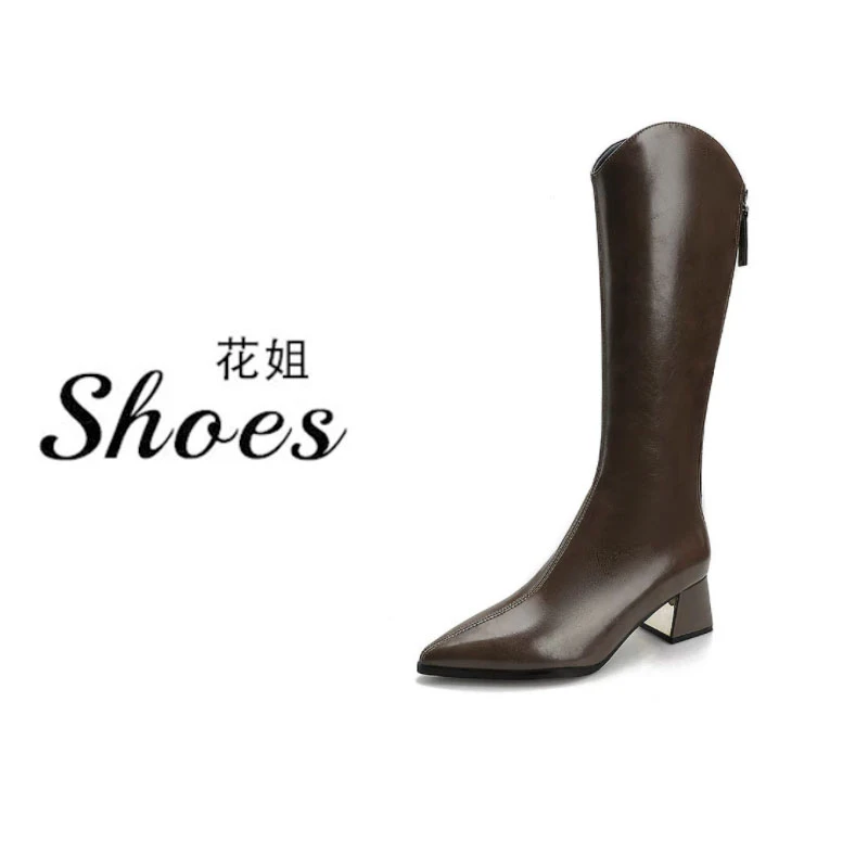 LLA78不过膝长靴女粗跟2025年新款尖头高筒骑士靴v口长筒靴