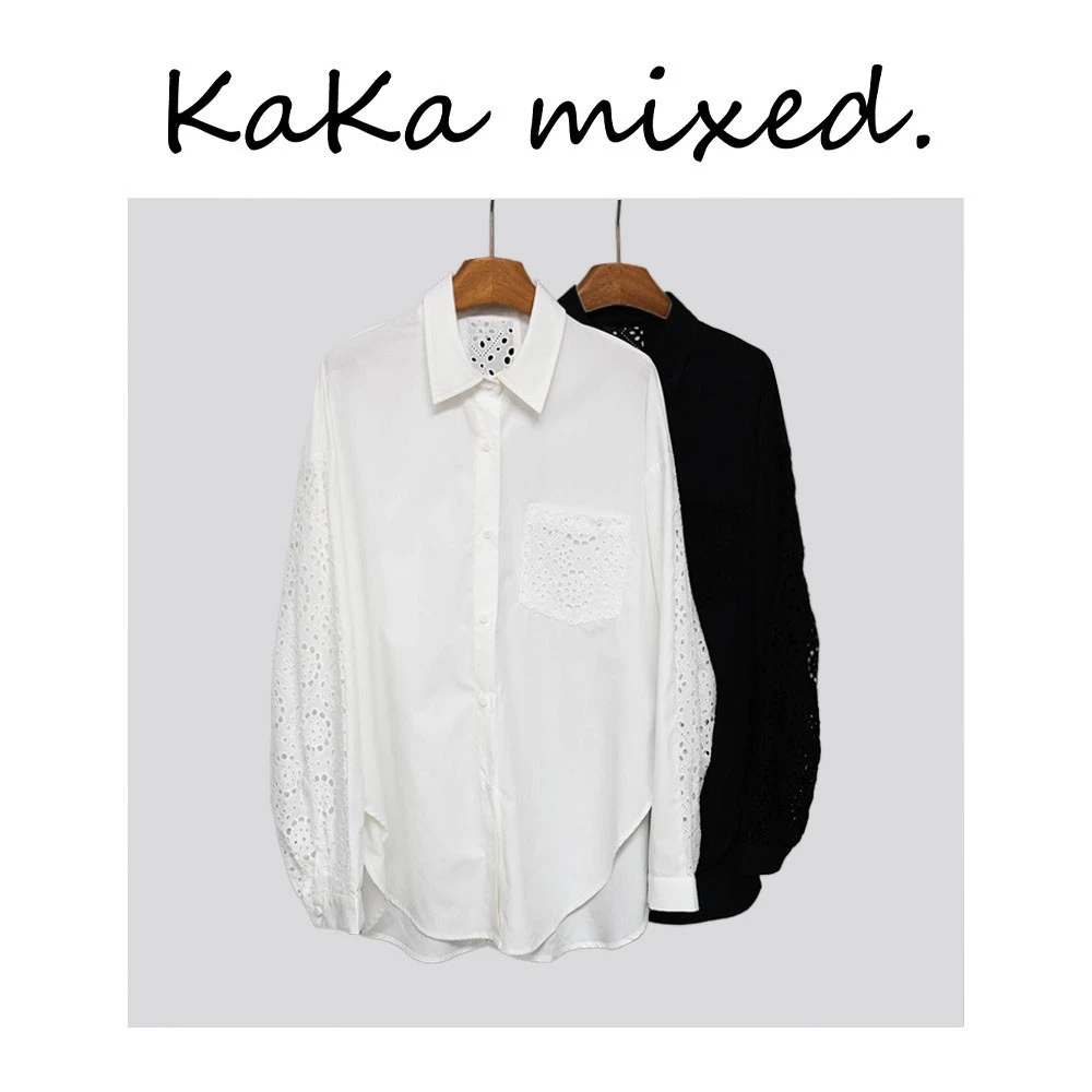 设计款蕾丝拼接长袖翻领衬衣