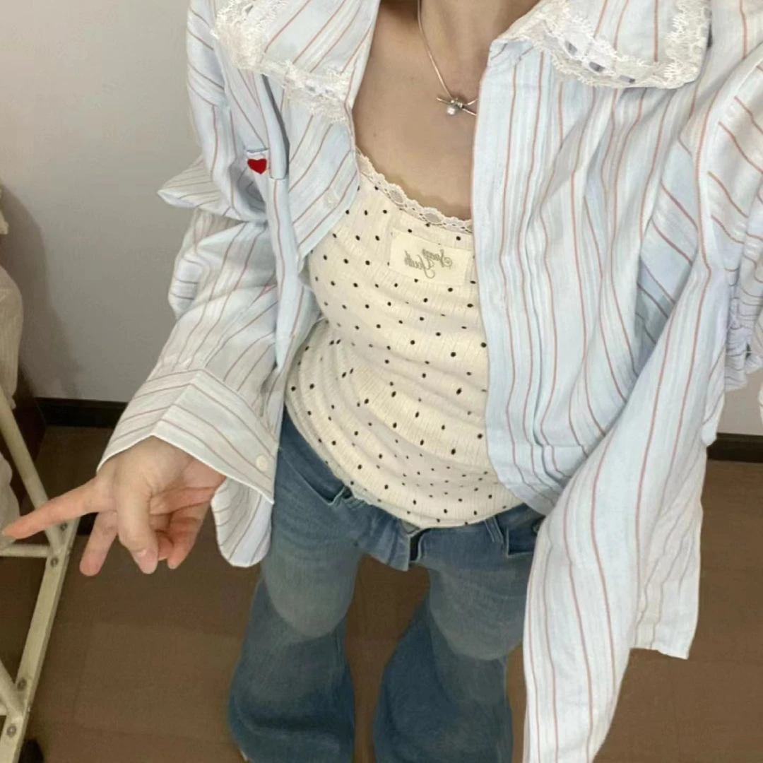 时尚蕾丝polo领防晒长袖条纹衬衫女夏装2025新款减龄休闲宽松上衣