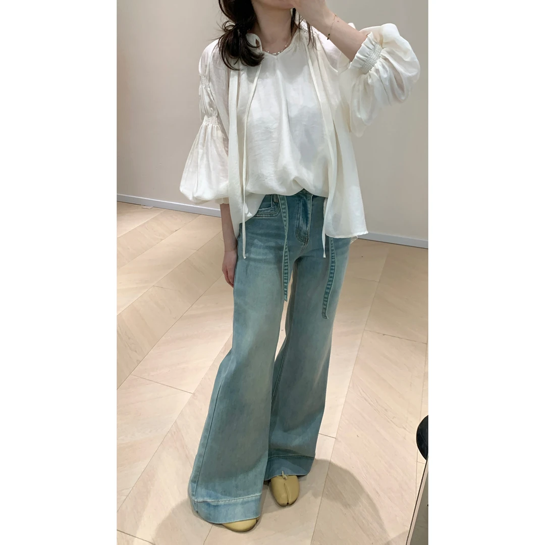 KA05直腿裤复古蓝绿弹力微喇牛仔裤