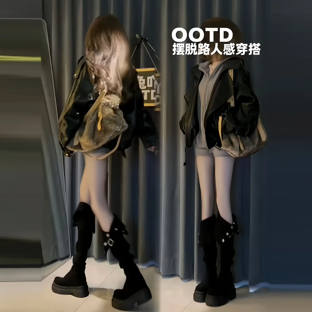 重工复古立领机车pu皮衣夹克外套女拉链连帽针织上衣+短裤三件套