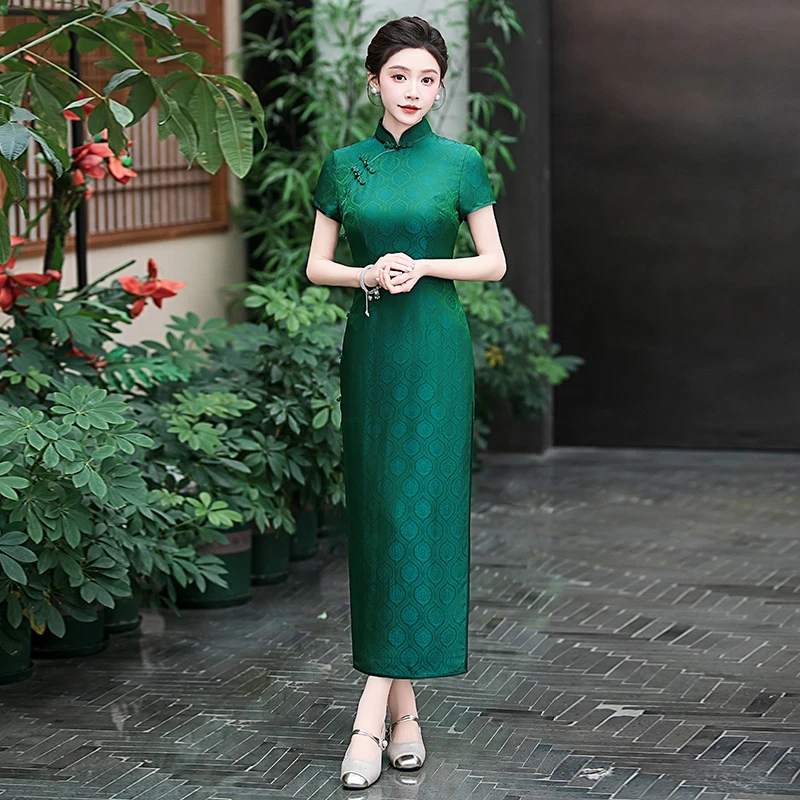 2025夏季新款真丝旗袍中式桑蚕丝连衣裙手工缝制送考宴席日常可穿