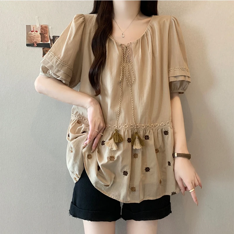 大码女装遮肚子新中式刺绣短袖衬衫女夏季胖妹妹宽松显瘦雪纺上衣