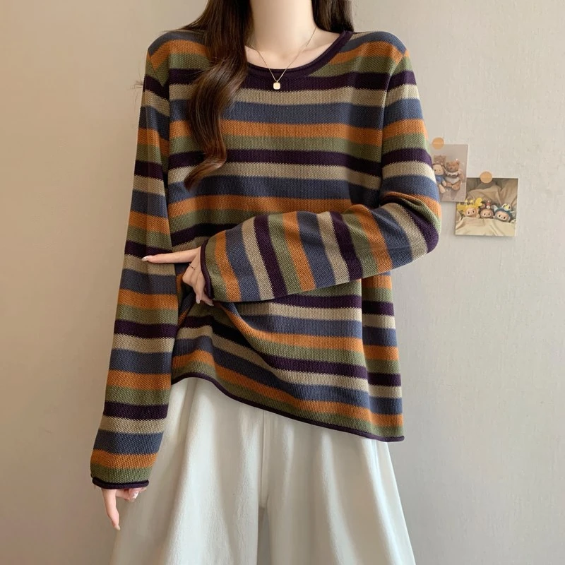 彩虹条纹长袖针织打底衫女2025秋冬大码胖mm显瘦遮肚复古减龄