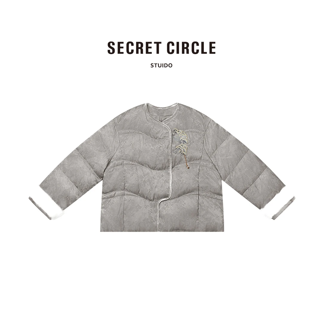 冬季国风刺绣袖口拼接羽绒服D3410