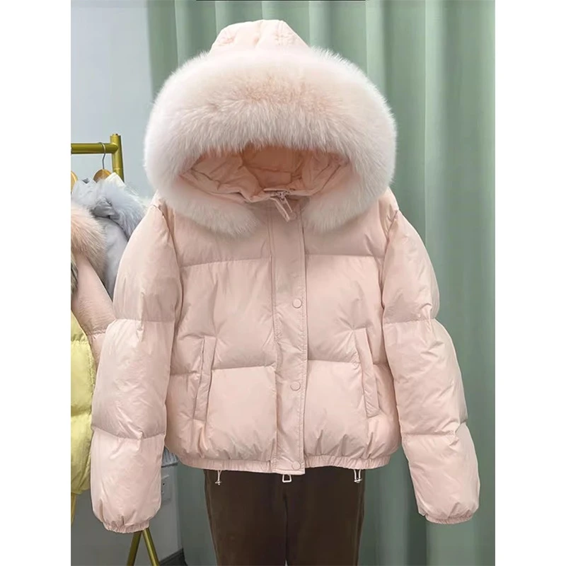 甜美风粉色大毛领短款棉服女2024冬季新款宽松百搭冬季棉服外套