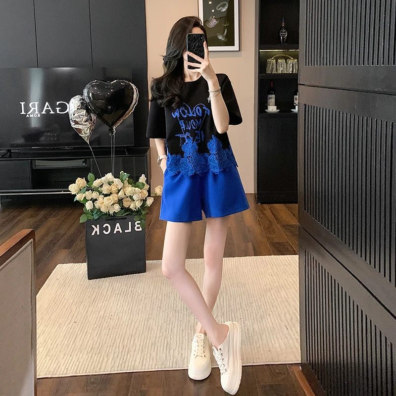 夏季休闲风短袖短裤大码时尚休闲运动套装女圆领宽松显瘦洋气