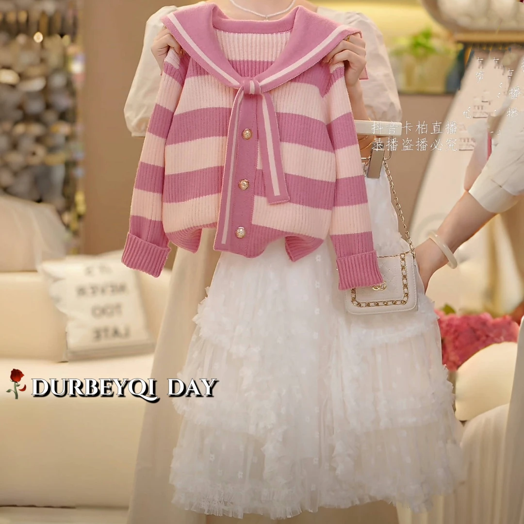 女童2025春季新款海军领条纹针织公主裙套装5191