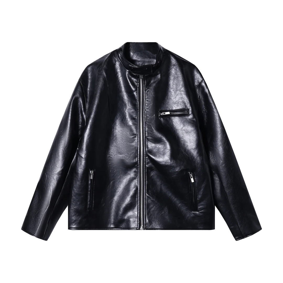 SDSA男士秋冬新款痞帅男装潮牌立领皮衣夹克拉链口袋痞帅高街时尚