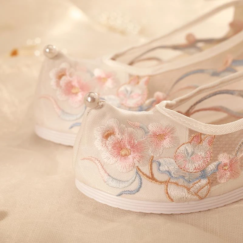 汉服鞋夏季网纱透气绣花鞋内增高刺绣淡雅古风鞋子女汉服鞋翘头履