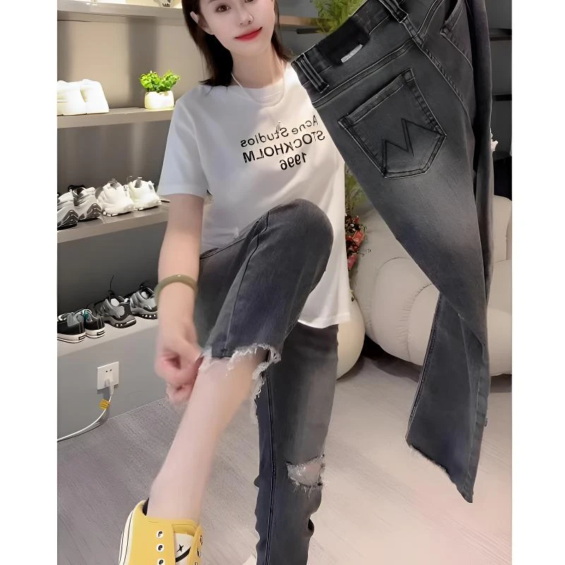 夏季薄款破洞直筒牛仔法棍裤女大码百搭弹力显瘦高腰九分烟管裤潮