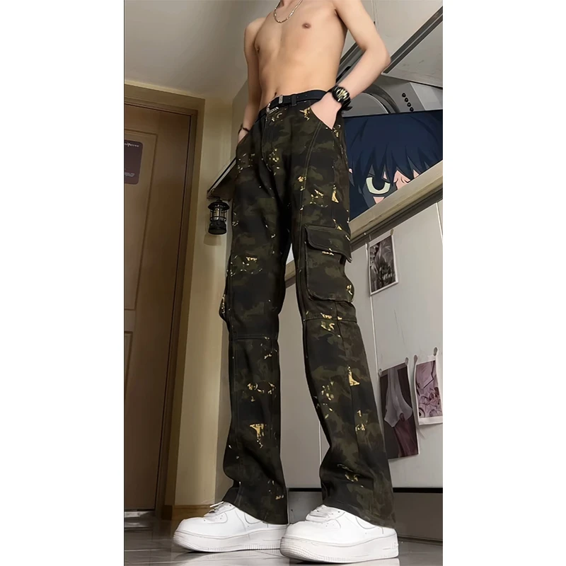 迷彩工装牛仔裤男款美式潮牌伐木工装直筒裤子vibe休闲百搭微喇裤