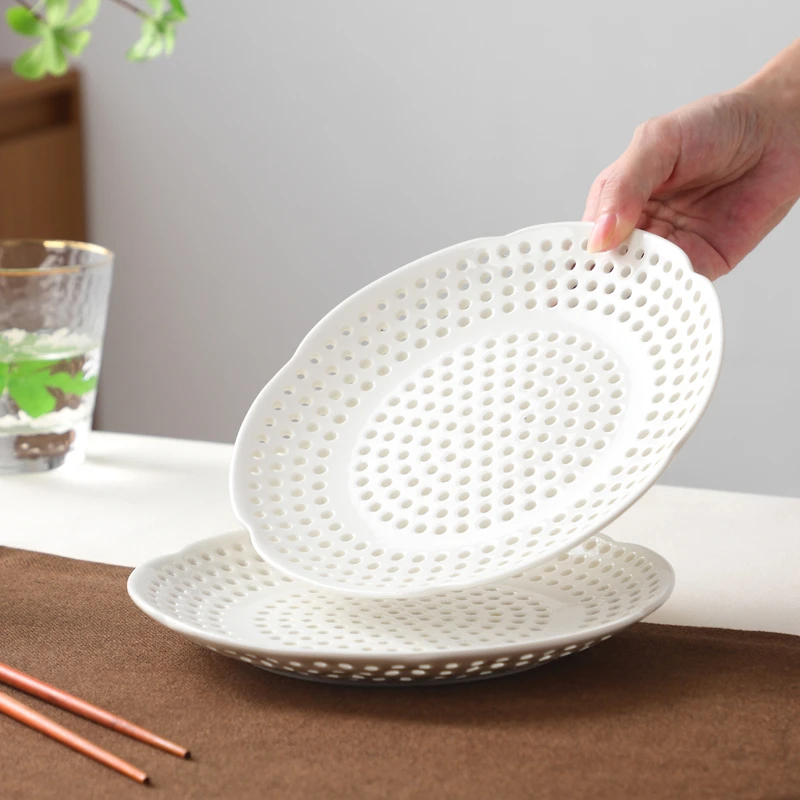 饺子盘新款花瓣 陶瓷蒸盘 沥水盘 水果盘  家用创意网红蒸盘神器