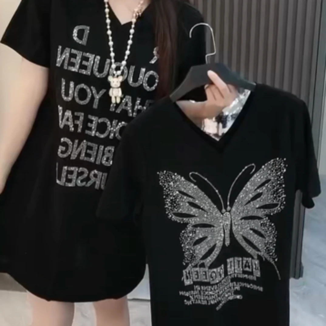 新款气质钻款两面宽松遮肚显瘦洋气百搭中长款短袖连衣裙